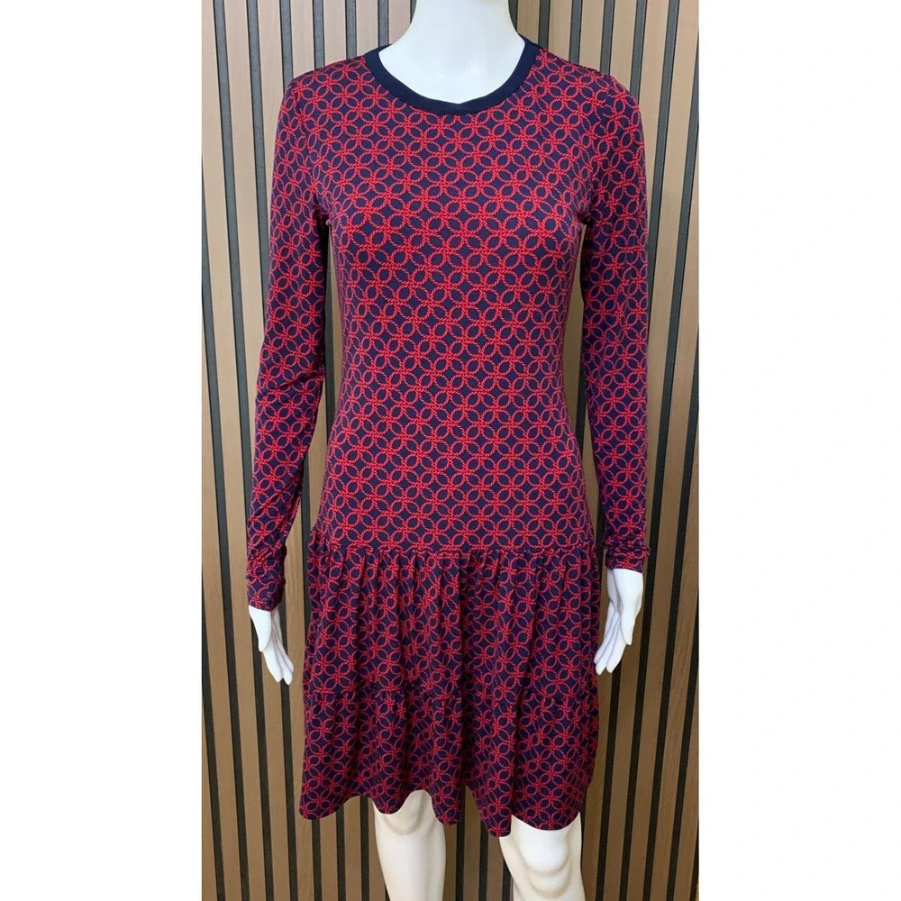 Michael Kors Navy Red Rope Link Print Tiered Ruffle Long Sleeve Dress XS